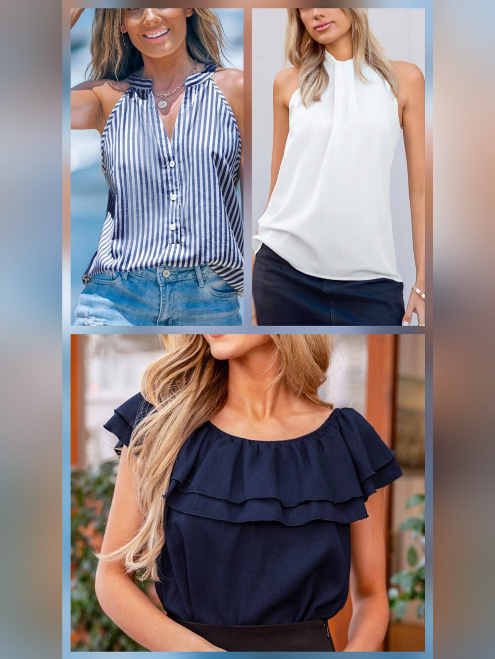 Cupshe Women's Medium Bundle Of 3 Halter/Tiered Ruffle Tops Blue White